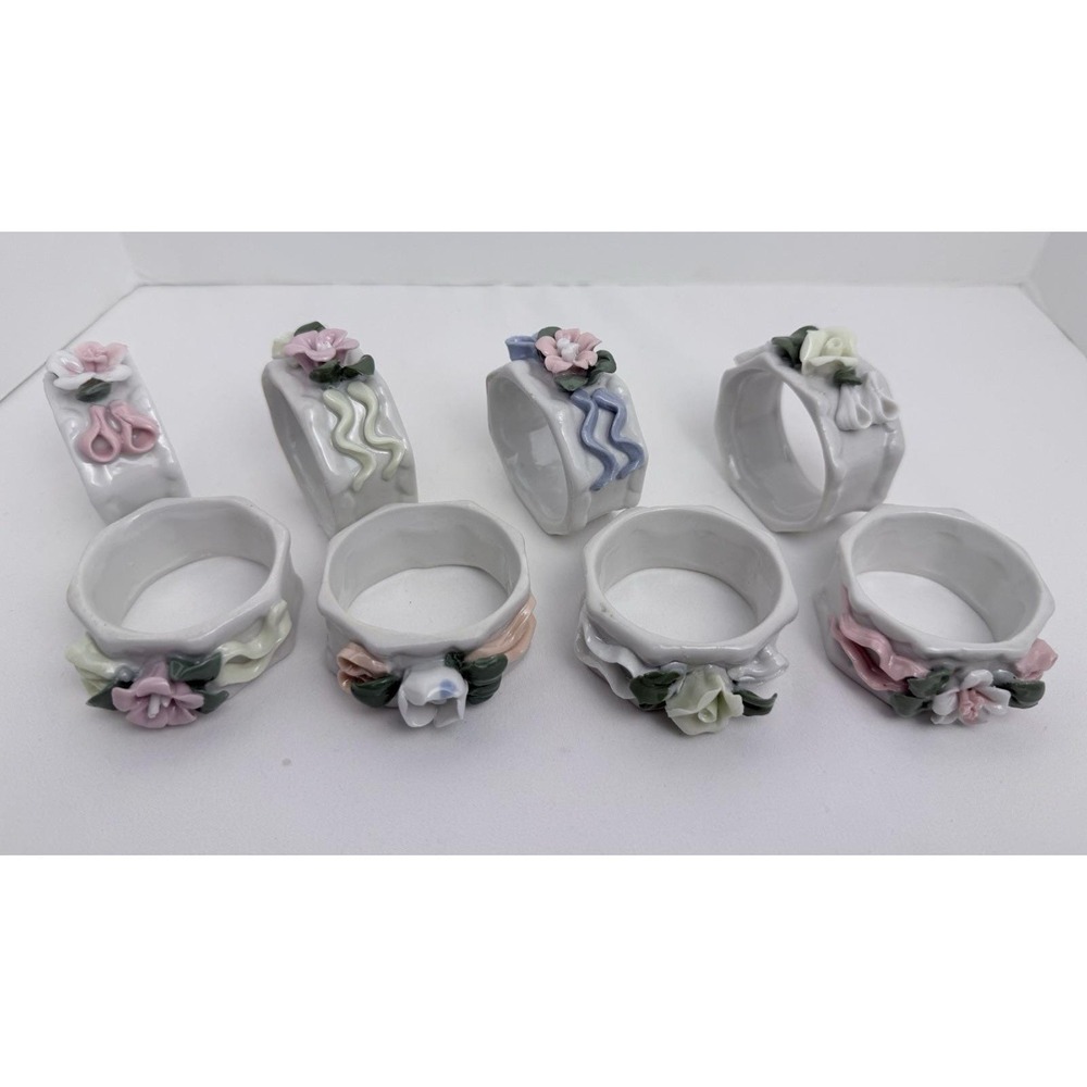 8 Vintage Porcelain Pastel Floral Napkin Rings W/ 3D Flowers